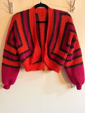 Handmade Crochet Granny Square Cardigan Pink Orange Charcoal Balloon Sleeve